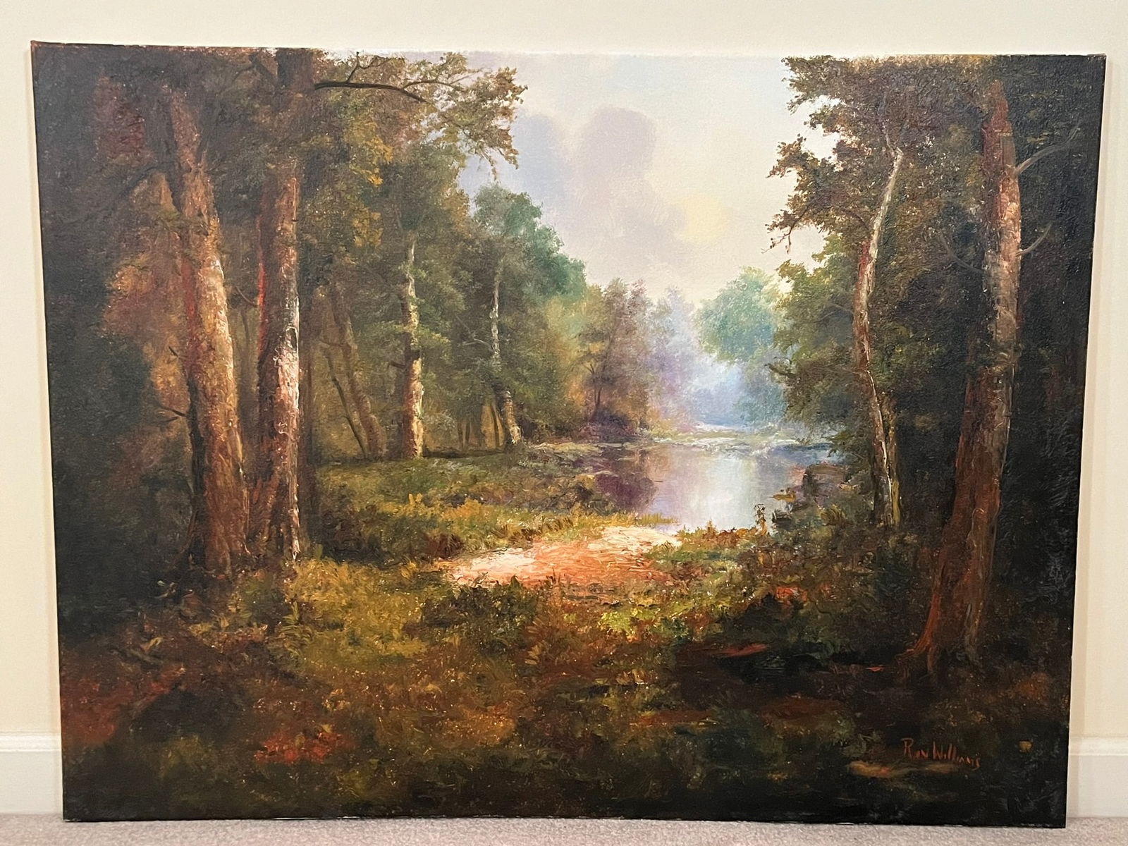 Original Ron Williams Oil on Canvas, Stretched, Fall Reflections on Wooded Pond (1 of 2)