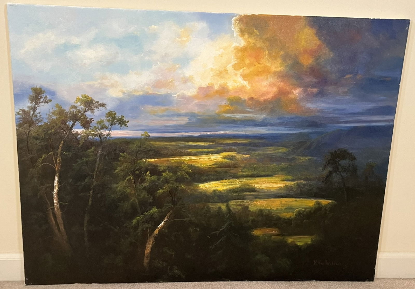Original Ron Williams Oil on Canvas, Stretched, Dramatic Dawn Clouds over Valley Pastures (1 of 2)