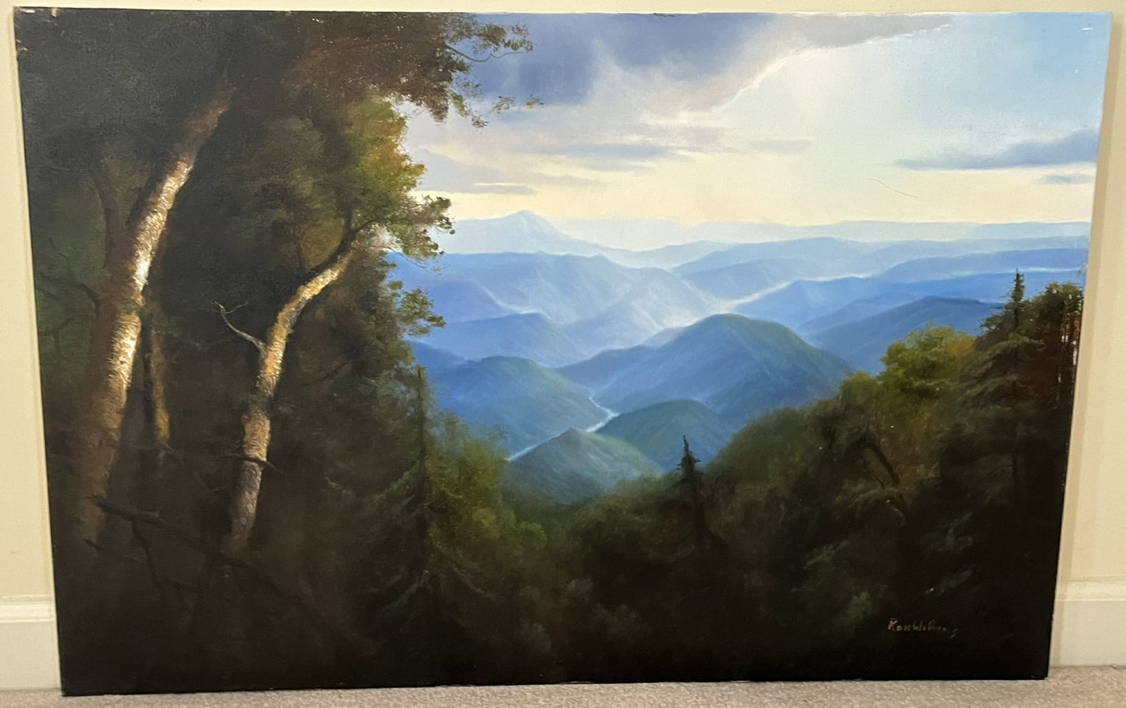 Original Ron Williams Oil on Canvas, Stretched, Summer Mountainscape with Valley River from Hillside: Original Ron Williams Oil on Canvas, Stretched, Summer Mountainscape with Valley River from Hillside, 36" x 24"
