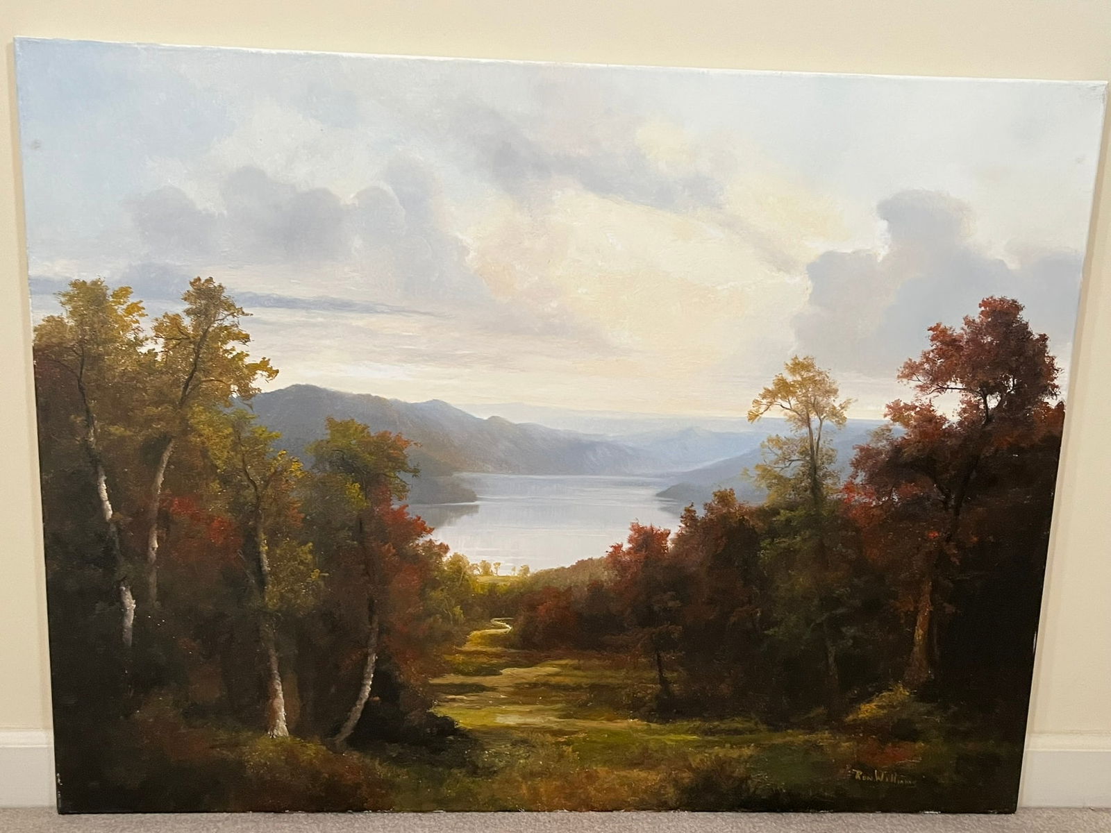 Original Ron Williams Oil on Canvas, Stretched, Fall Mountainscape and Lake from Hillside with Path (1 of 2)