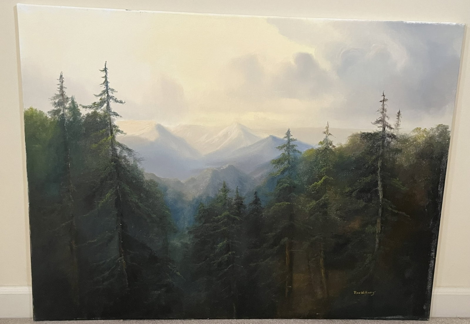 Original Ron Williams Oil on Canvas, Stretched, Frost Topped Mountainscape from Hillside: Original Ron Williams Oil on Canvas, Stretched, Frost Topped Mountainscape from Hillside, 40" x 30"