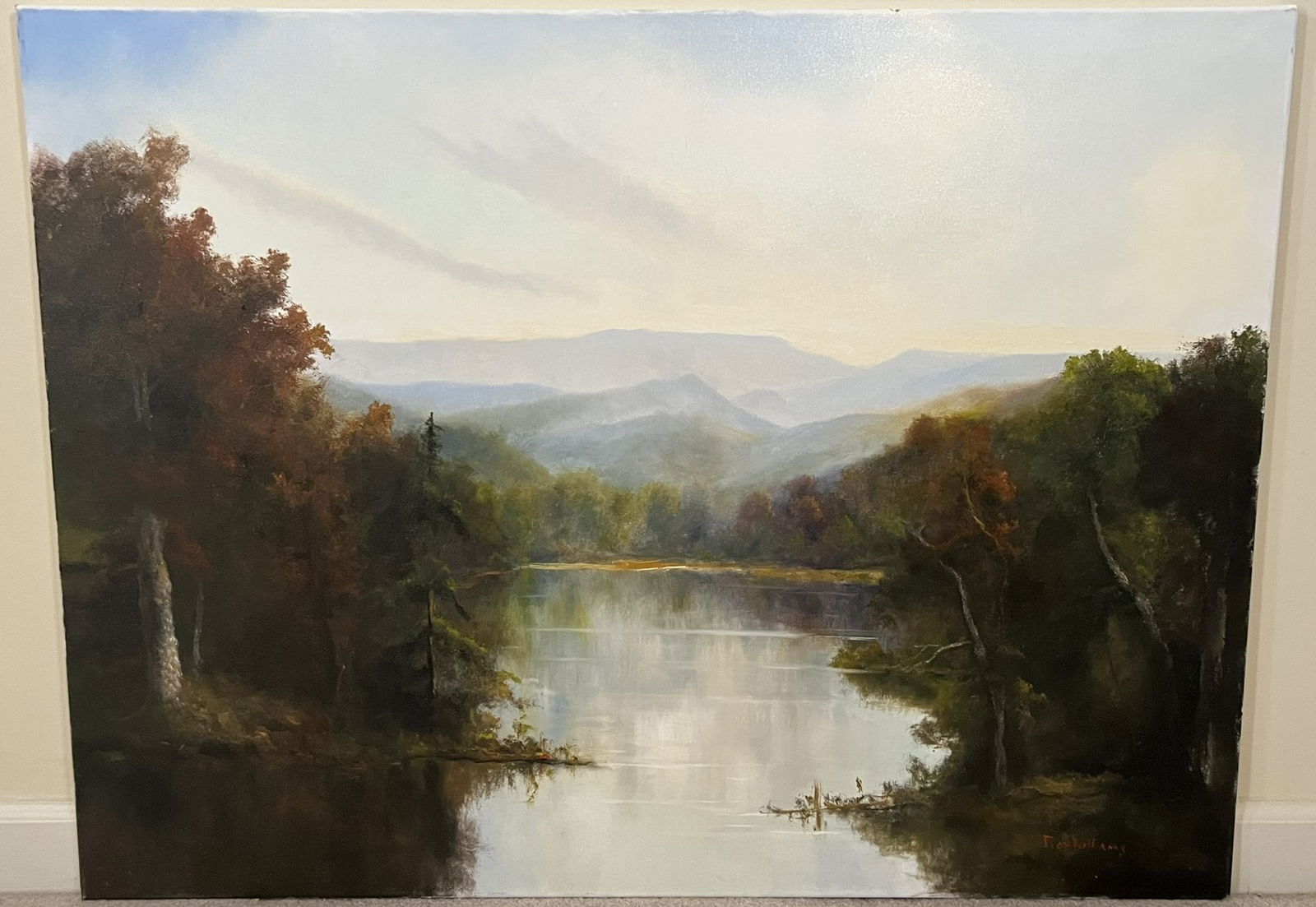 Original Ron Williams Oil on Canvas, Stretched, Early Fall Reflections on Wooded Lake with Mountains (1 of 2)