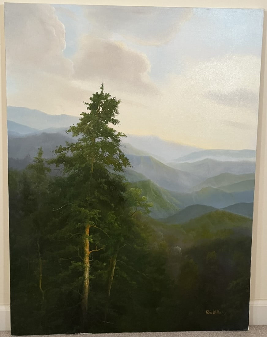 Original Ron Williams Oil on Canvas, Stretched, Summer Mountainscape from Hillside: Original Ron Williams Oil on Canvas, Stretched, Summer Mountainscape from Hillside, 30" x 40"
