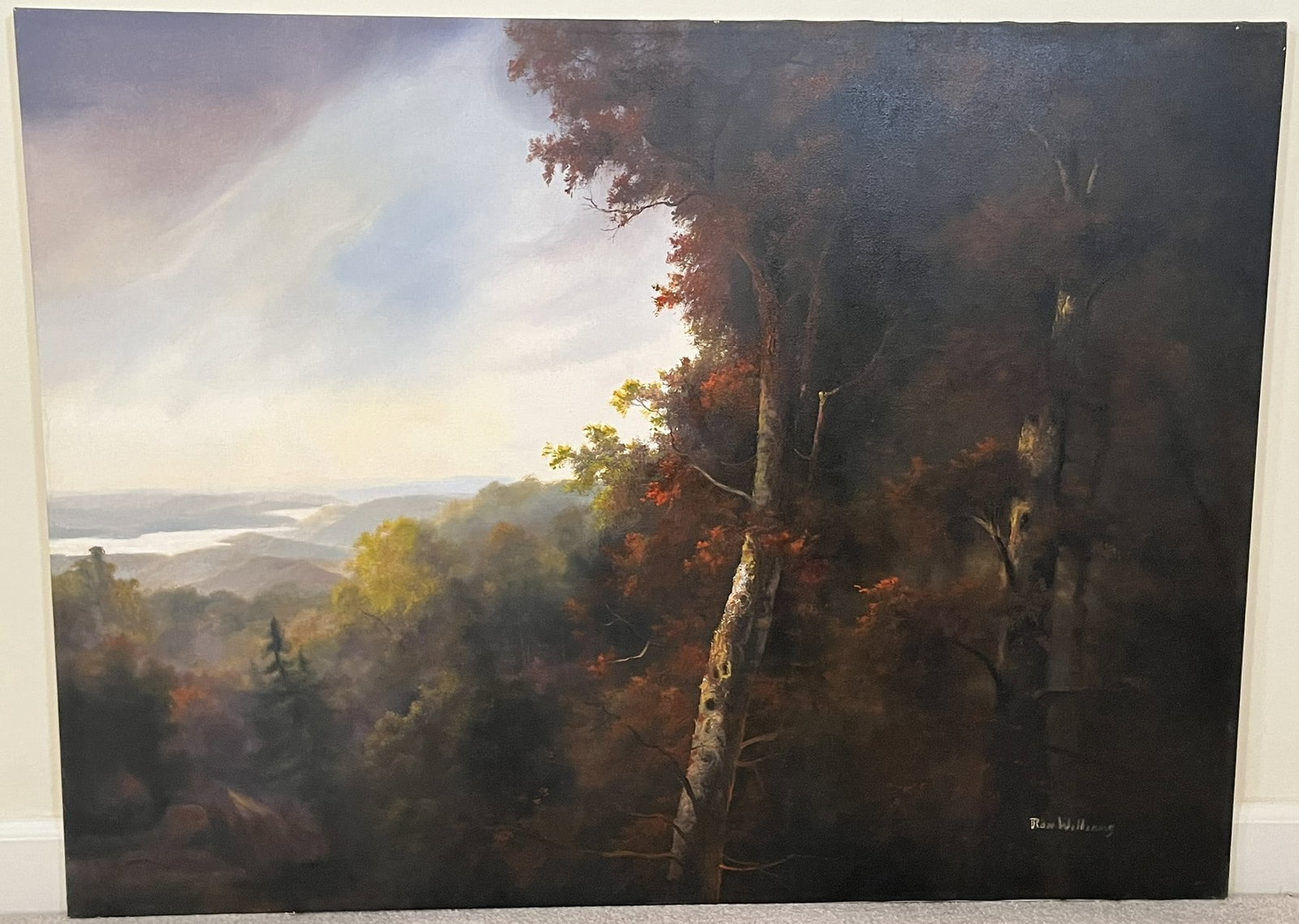 Original Ron Williams Oil on Canvas, Stretched, Fall Hillside Overlooking Rolling Valley with River: Original Ron Williams Oil on Canvas, Stretched, Fall Hillside Overlooking Rolling Valley with River, 40" x 30"