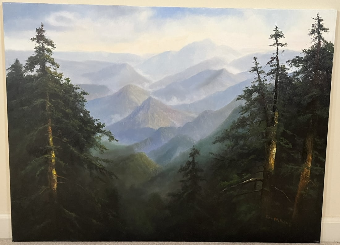 Original Ron Williams Oil on Canvas, Stretched, Summer Misty Mountainscape at Dawn from Hillside: Original Ron Williams Oil on Canvas, Stretched, Summer Misty Mountainscape at Dawn from Hillside, 40" x 30"