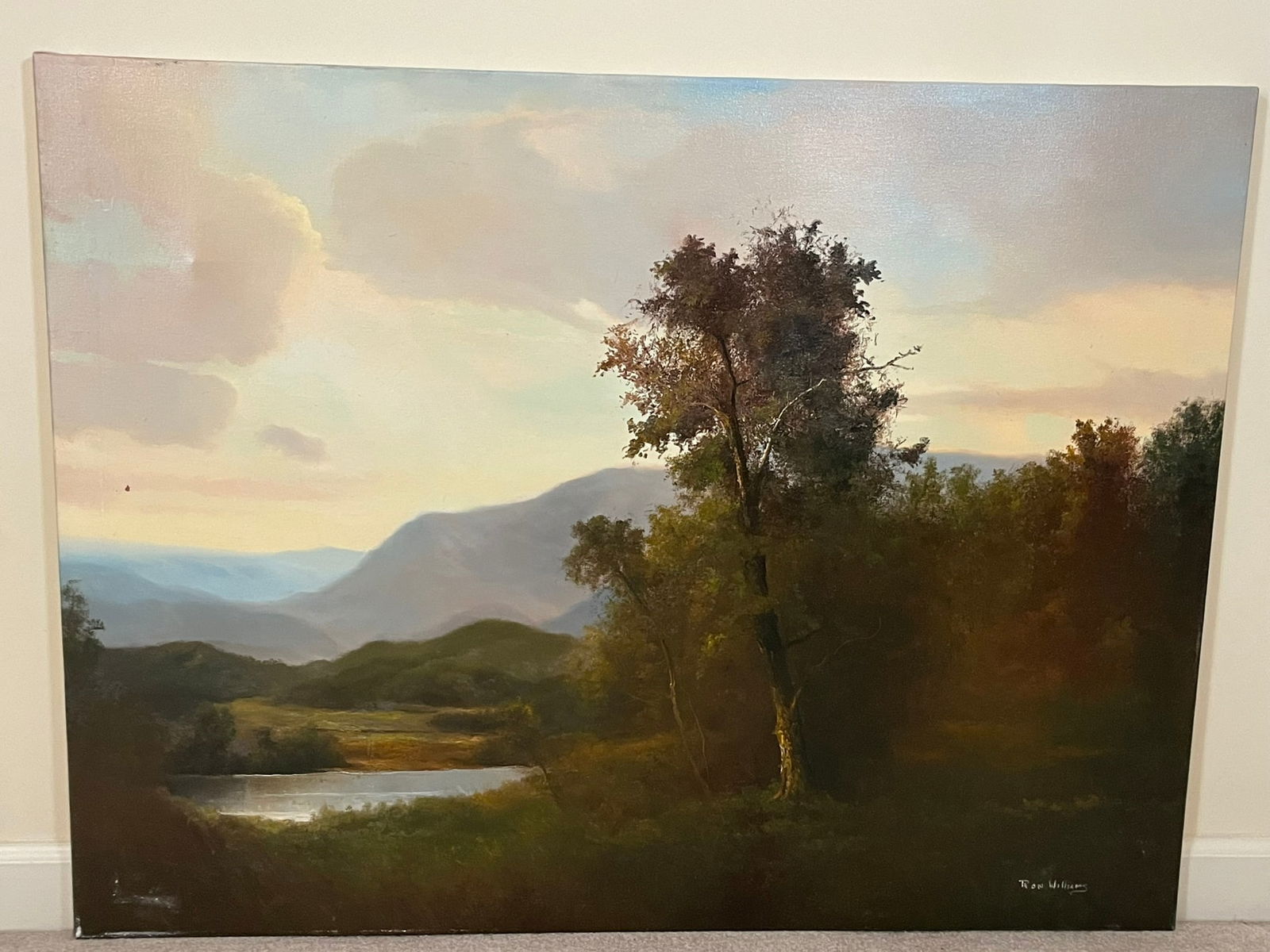 Original Ron Williams Oil on Canvas, Stretched, Early Fall Reflections on Valley Pond with Mountains (1 of 2)