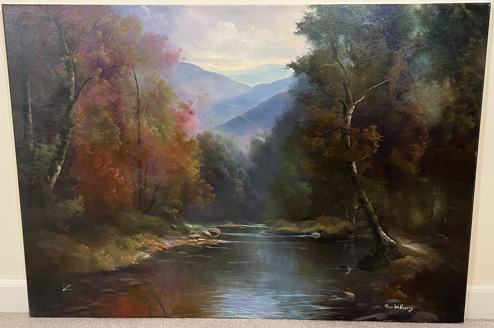Original Ron Williams Oil on Canvas, Stretched, Fall Tree Lined Still River with Mountainscape (1 of 2)