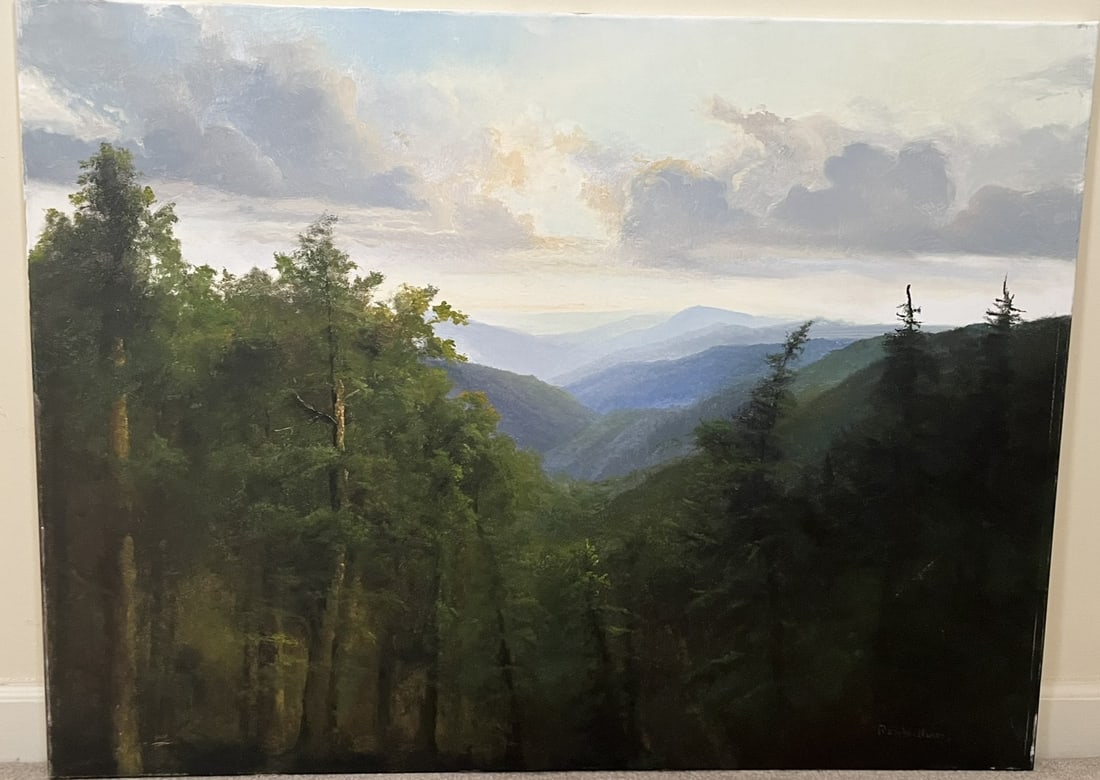Original Ron Williams Oil on Canvas, Stretched, Summer Mountainscape from Hillside: Original Ron Williams Oil on Canvas, Stretched, Summer Mountainscape from Hillside, 40" x 30"