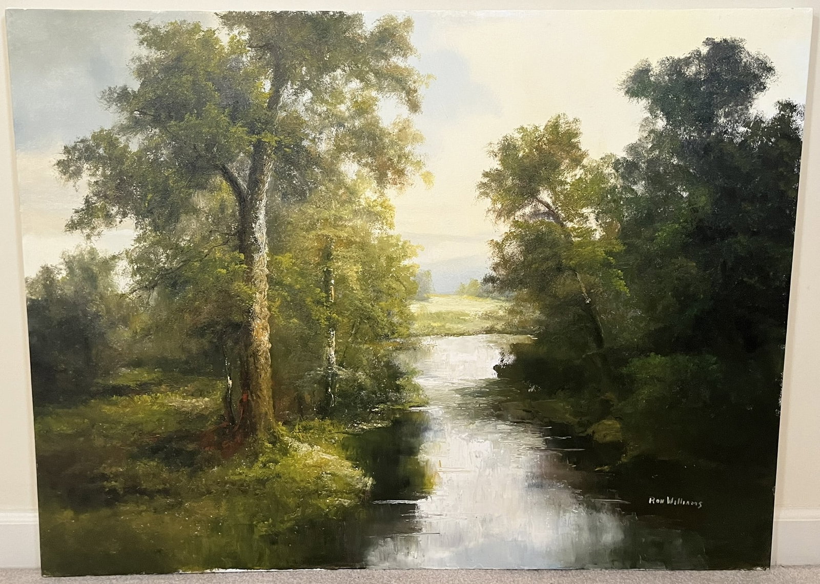 Original Ron Williams Oil on Canvas, Stretched, Summer Reflections on Forested Field Pond: Original Ron Williams Oil on Canvas, Stretched, Summer Reflections on Forested Field Pond, 40" x 30"