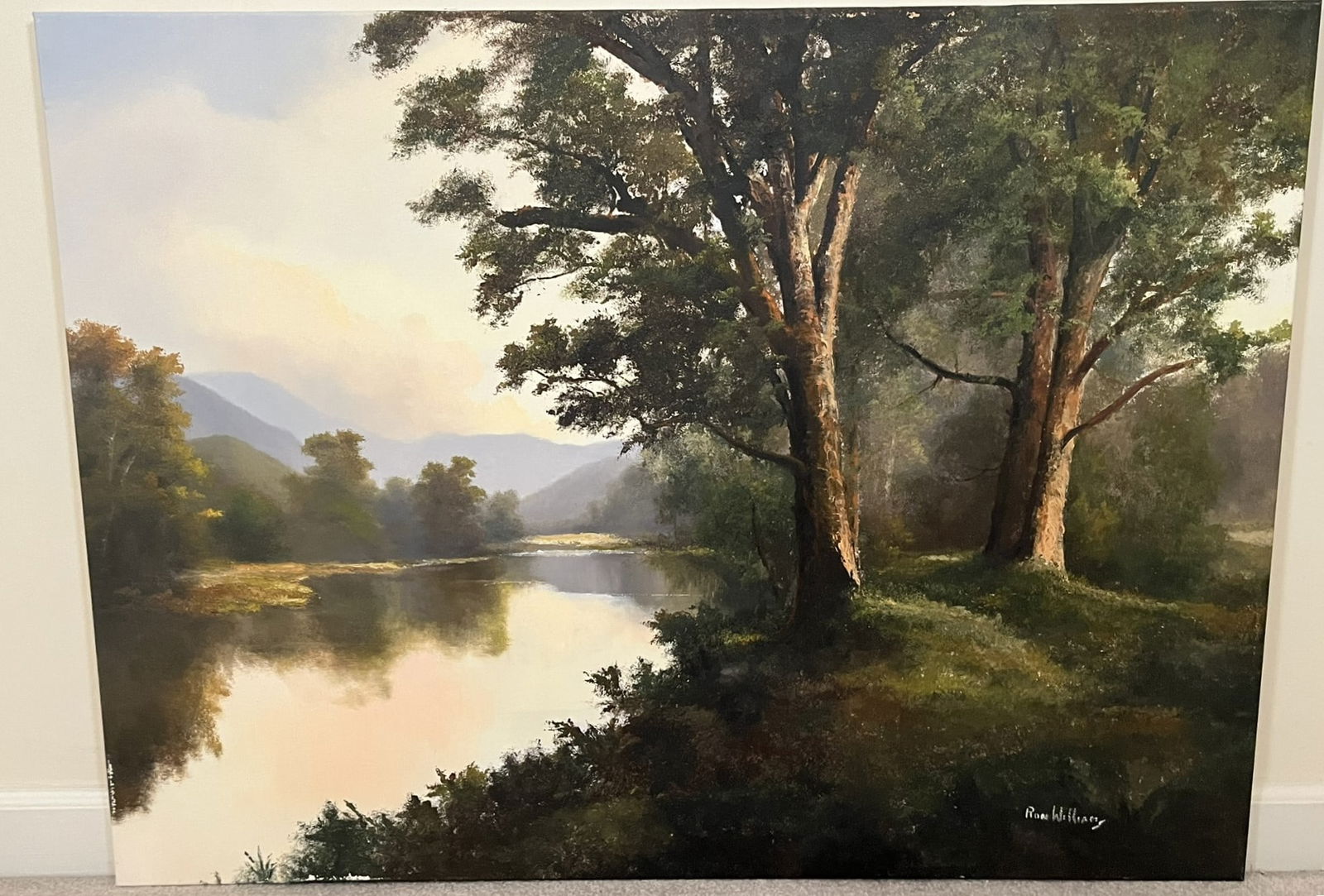 Original Ron Williams Oil on Canvas, Stretched, Summer Reflections on Forested Field Pond (1 of 2)