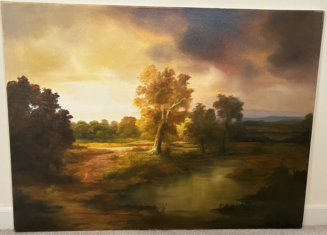 Original Oil on Canvas, Unsigned, Stretched, Fall Stormy Golden Tones on Tree Lined Pasture (1 of 1)