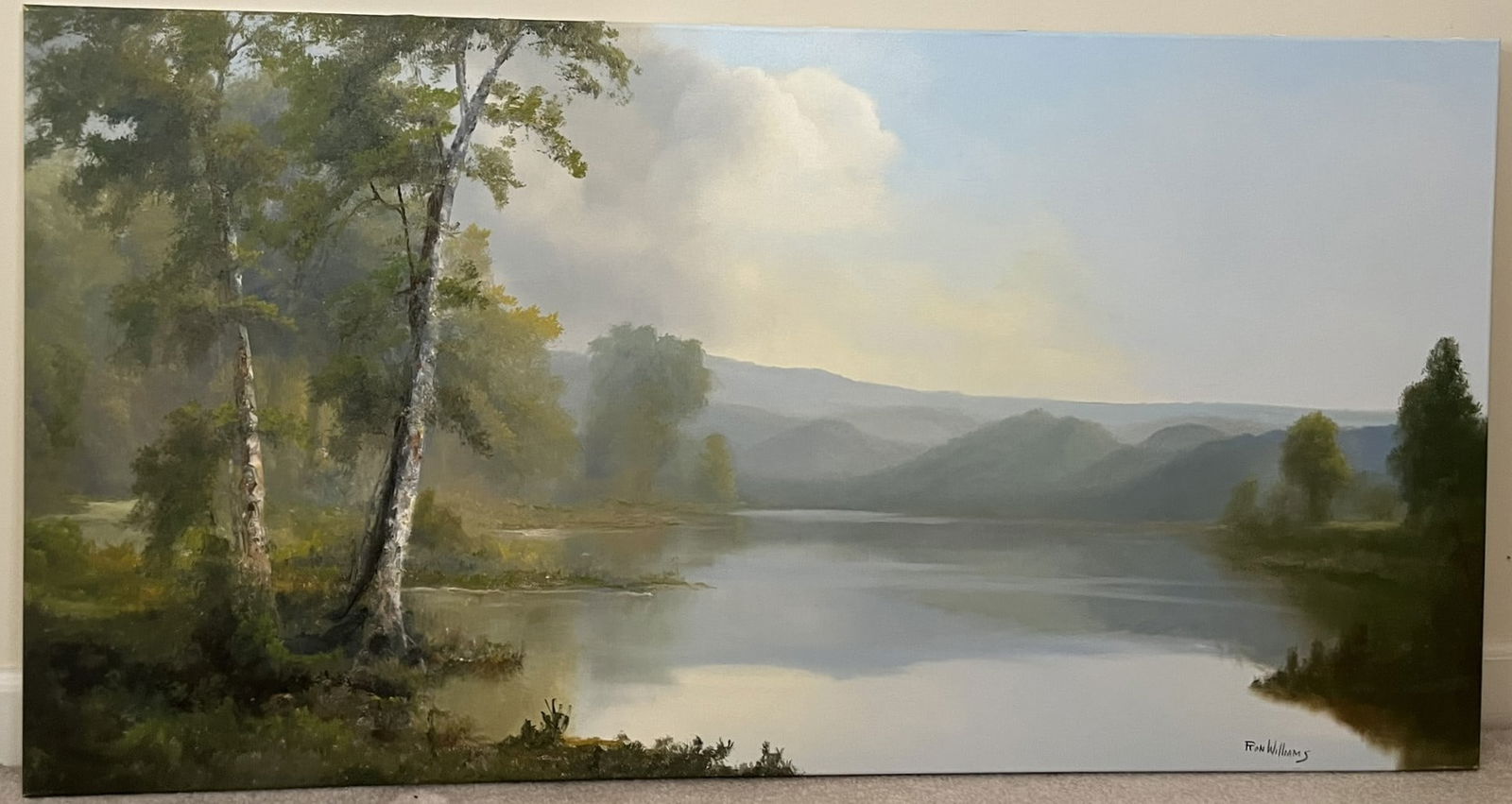 Original Ron Williams Oil on Canvas, Stretched, Summer Reflections on Still Valley Lake with (1 of 2)