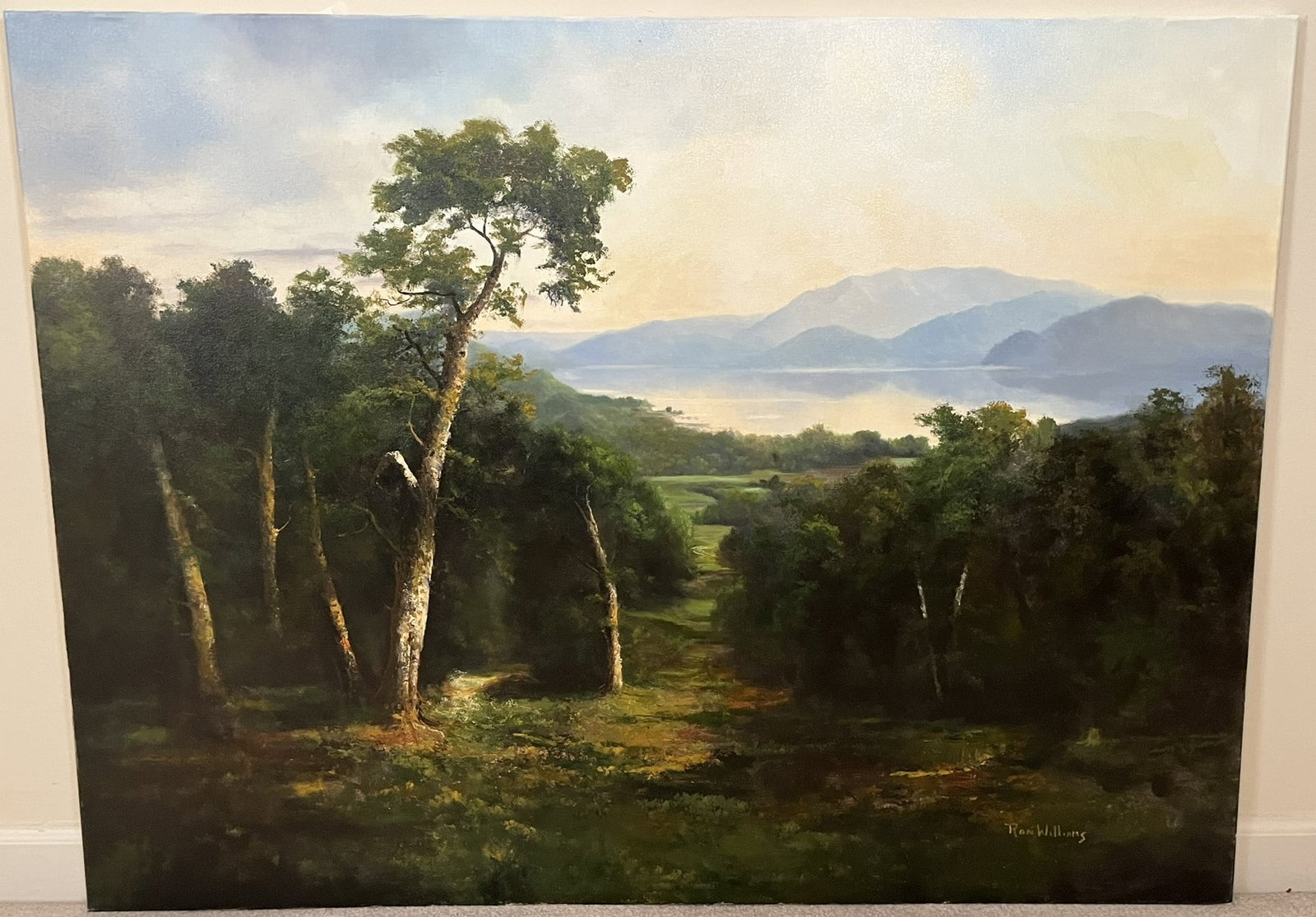 Original Ron Williams Oil on Canvas, Stretched, Summer Forested Path with Mountains & Lake in: Original Ron Williams Oil on Canvas, Stretched, Summer Forested Path with Mountains & Lake in Distance at Dusk, 48" x 36"