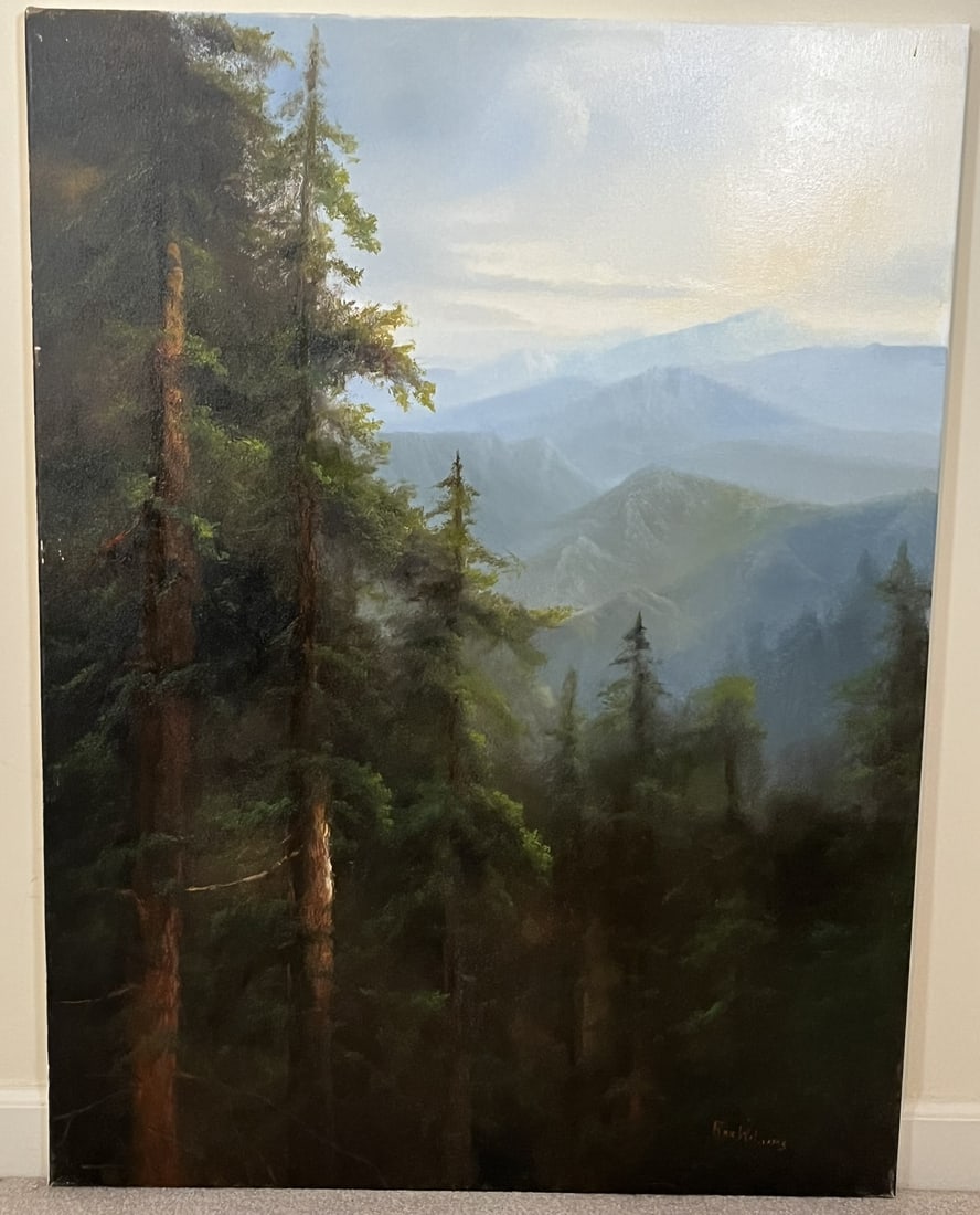 Original Ron Williams Oil on Canvas, Stretched, Summer Mountainscape from Hillside with Spruce: Original Ron Williams Oil on Canvas, Stretched, Summer Mountainscape from Hillside with Spruce in Foreground, 30" x 40"