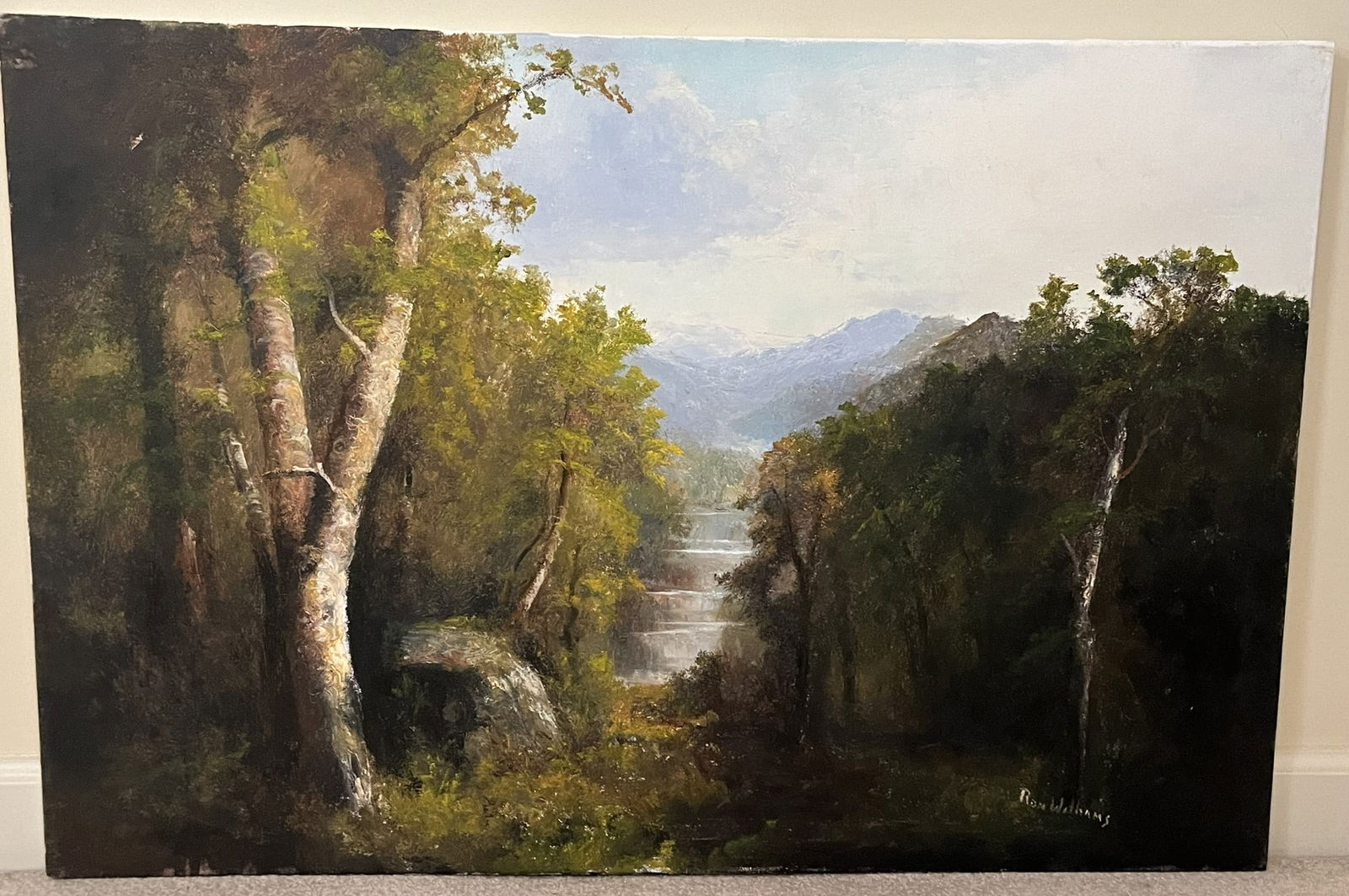 Original Ron Williams Oil on Canvas, Stretched, Early Fall Reflections on Valley Pond with Mountains (1 of 2)