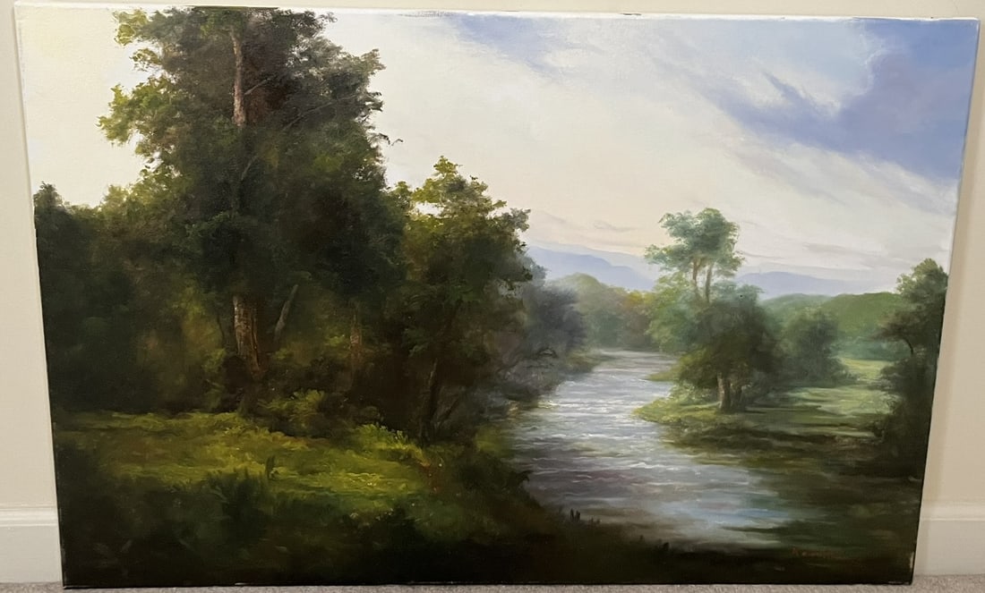Original Ron Williams Oil on Canvas, Stretched, Summer Valley River with Woods & Pasture (1 of 2)