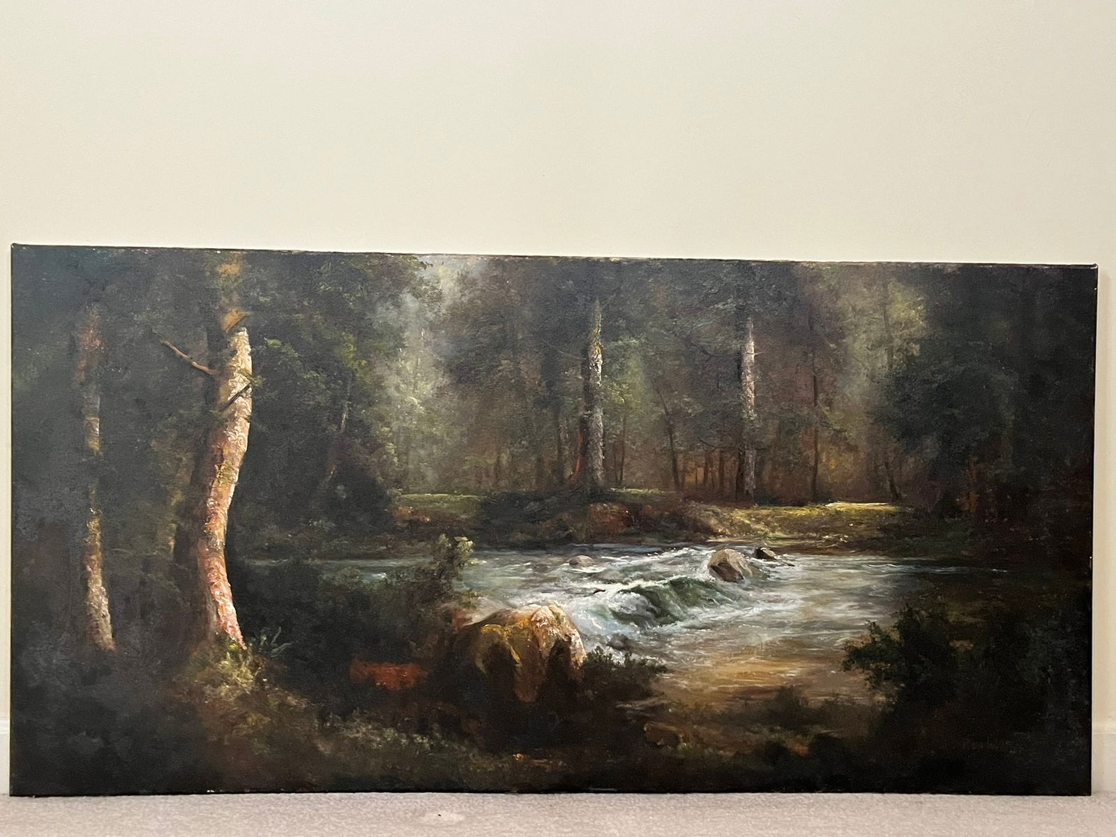 Original Ron Williams Oil on Canvas, Stretched, Fall Rolling Forested Stream over Rocks (1 of 2)
