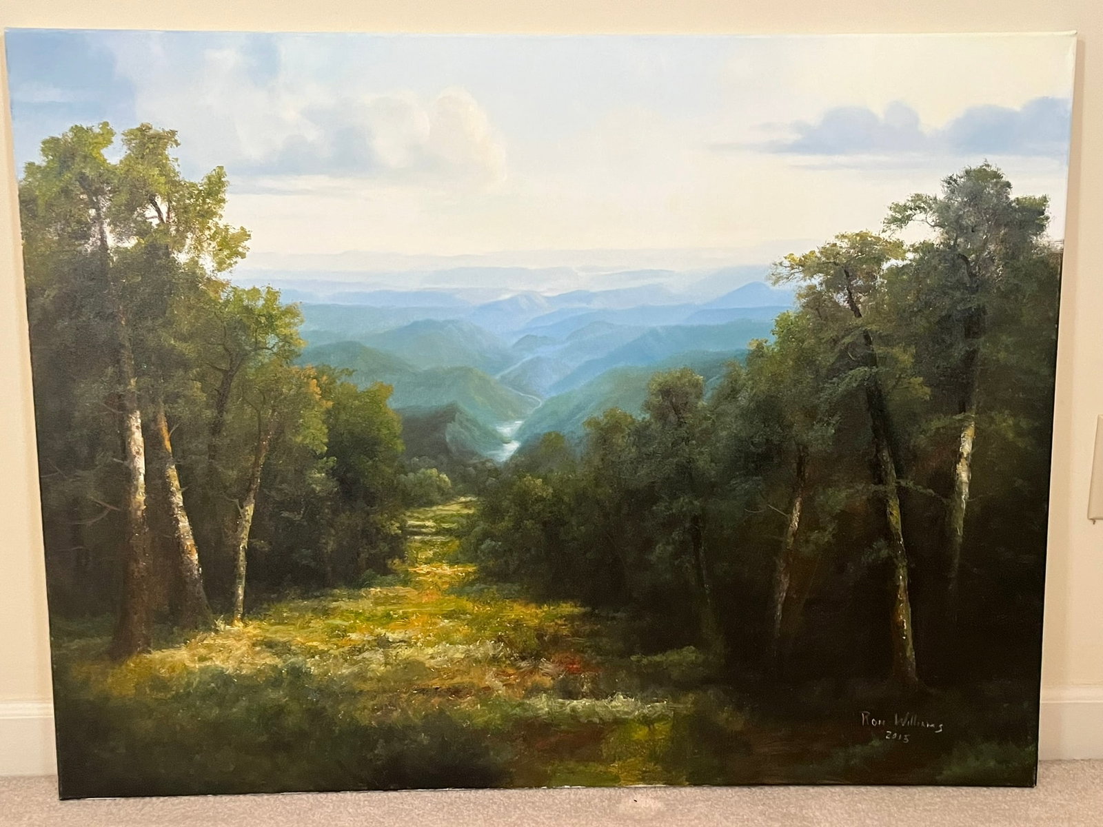 Original Ron Williams Oil on Canvas, Stretched, Summer Mountainscape from Hillside with Path: Original Ron Williams Oil on Canvas, Stretched, Summer Mountainscape from Hillside with Path, 40" x 30", Dated 2015