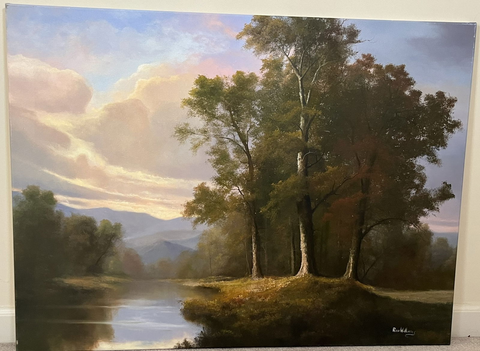 Original Ron Williams Oil on Canvas, Stretched, Early Fall Reflections in Still Lake with Mountains (1 of 2)