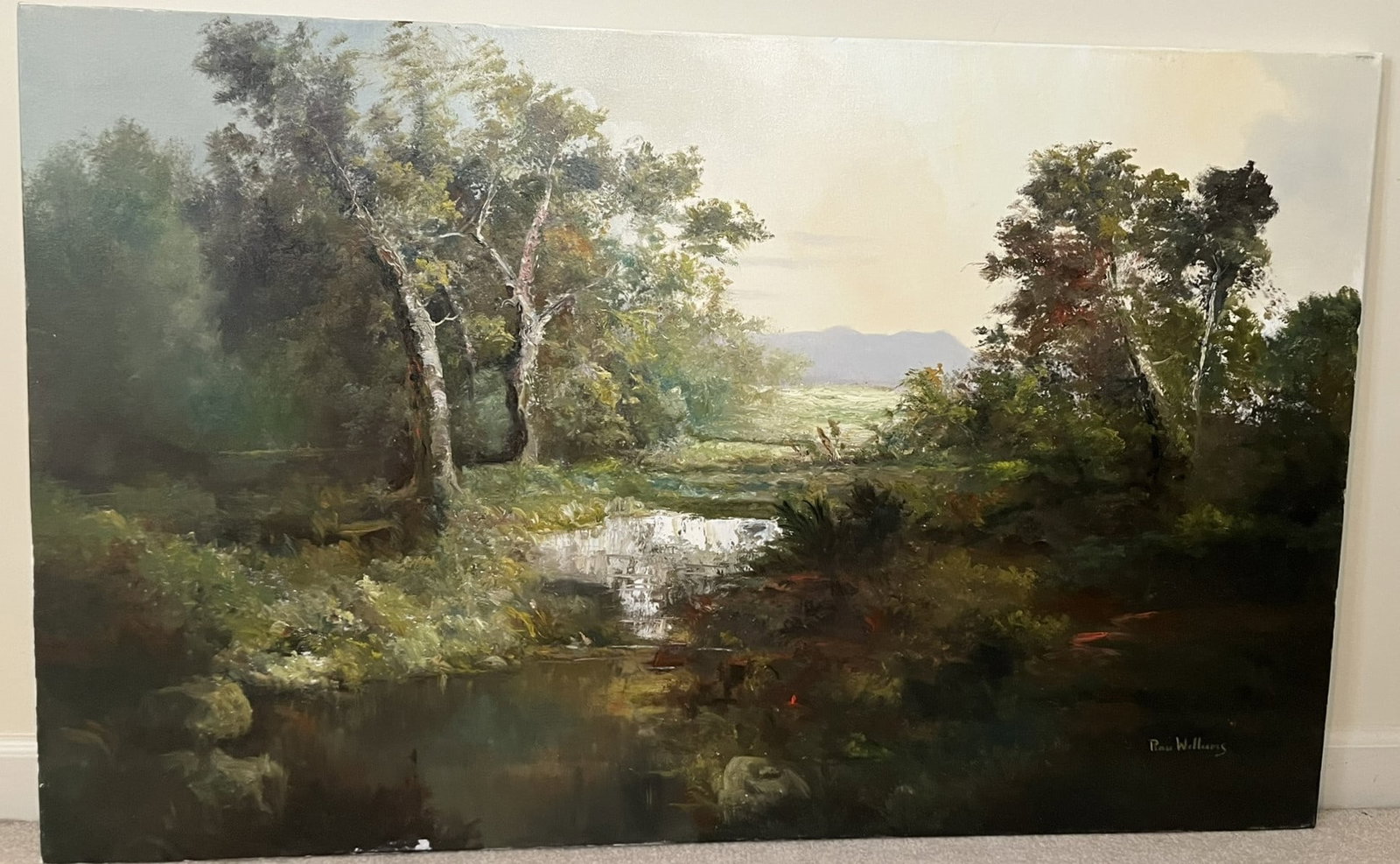 Original Ron Williams Oil on Canvas, Stretched, Early Fall Pond & Path beside Woods with Pasture &: Original Ron Williams Oil on Canvas, Stretched, Early Fall Pond & Path beside Woods with Pasture & Mountainscape, 48" x 30"