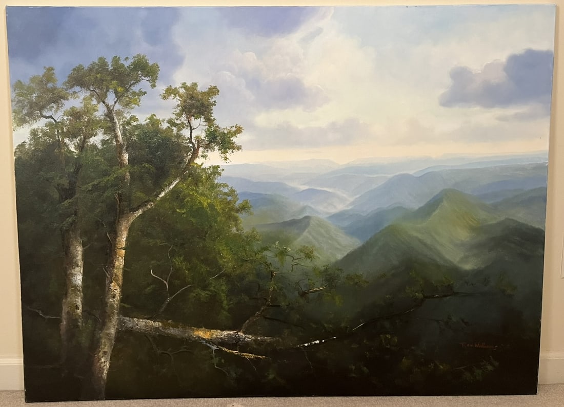 Original Ron Williams Oil on Canvas, Stretched, Summer Mountainscape from Hillside with Fallen Tree: Original Ron Williams Oil on Canvas, Stretched, Summer Mountainscape from Hillside with Fallen Tree, 48" x 36"