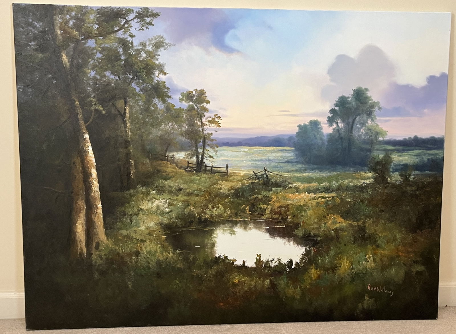 Original Ron Williams Oil on Canvas, Stretched, Impressionism Style Summer Dusk with Wooded Pond & (1 of 2)