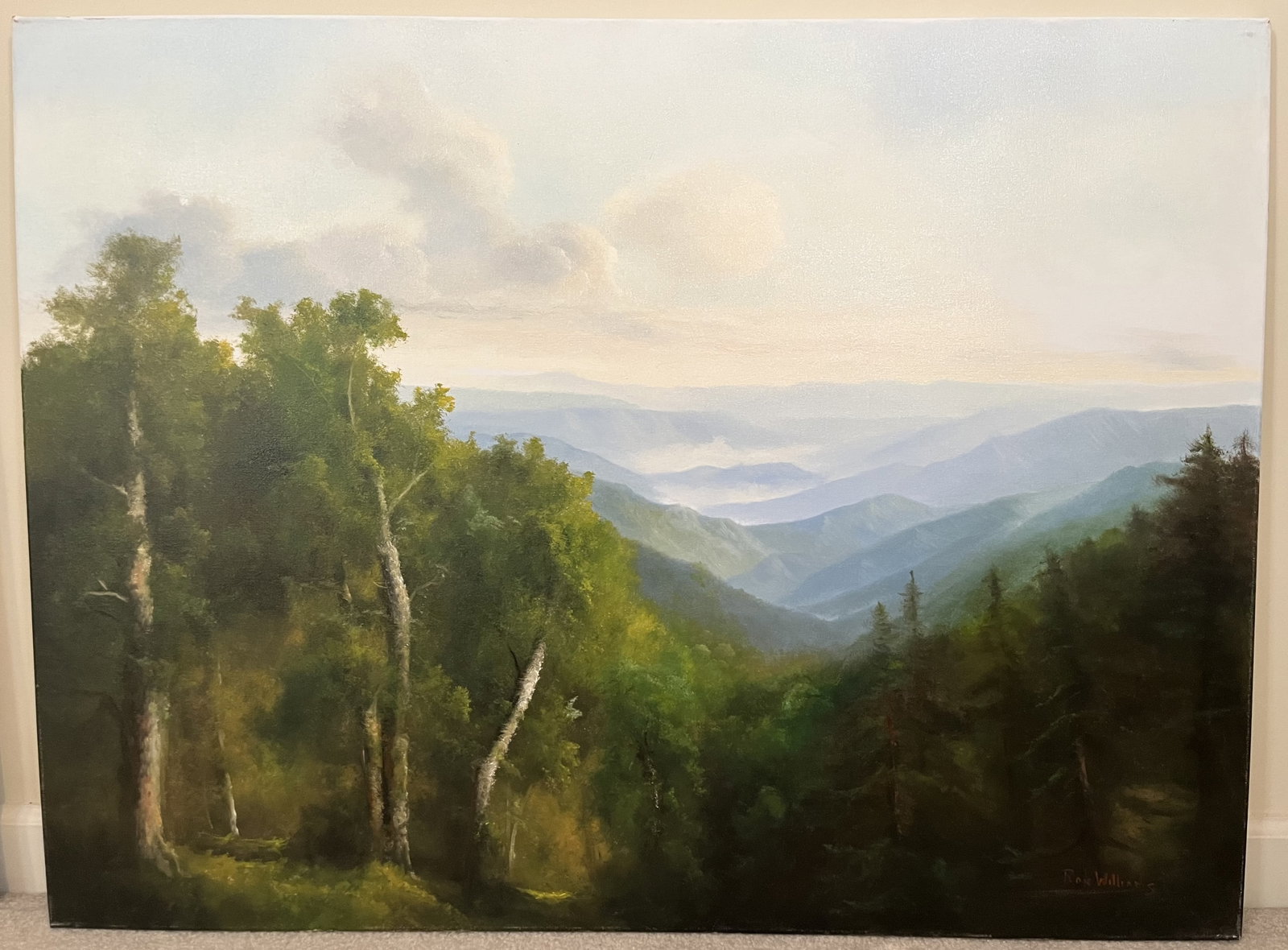 Original Ron Williams Oil on Canvas, Stretched, Summer Misty Mountainscape from Hillside: Original Ron Williams Oil on Canvas, Stretched, Summer Misty Mountainscape from Hillside, 40" x 30"