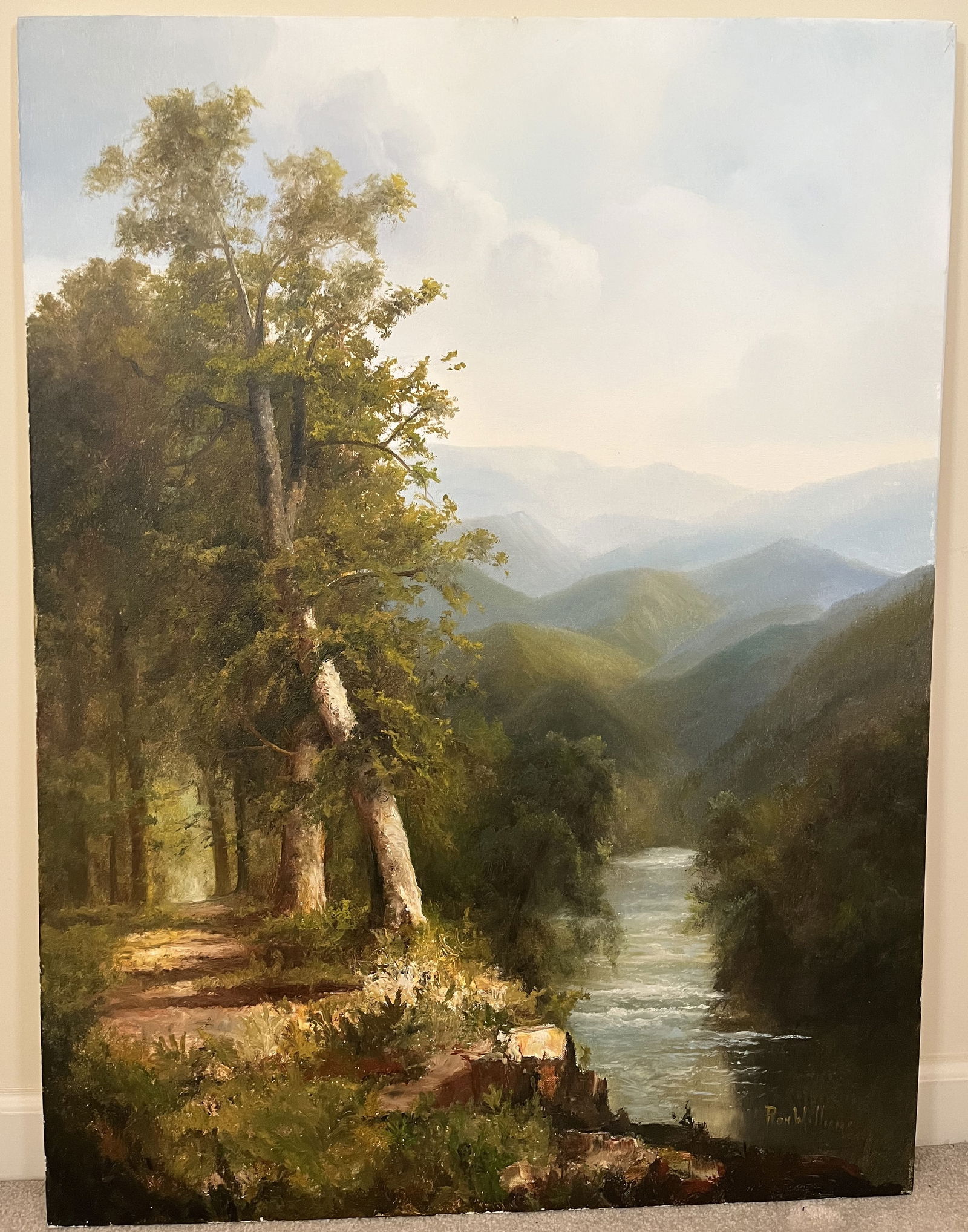 Original Ron Williams Oil on Canvas, Stretched, Valley River and Wooded Path with Mountainscape (1 of 2)
