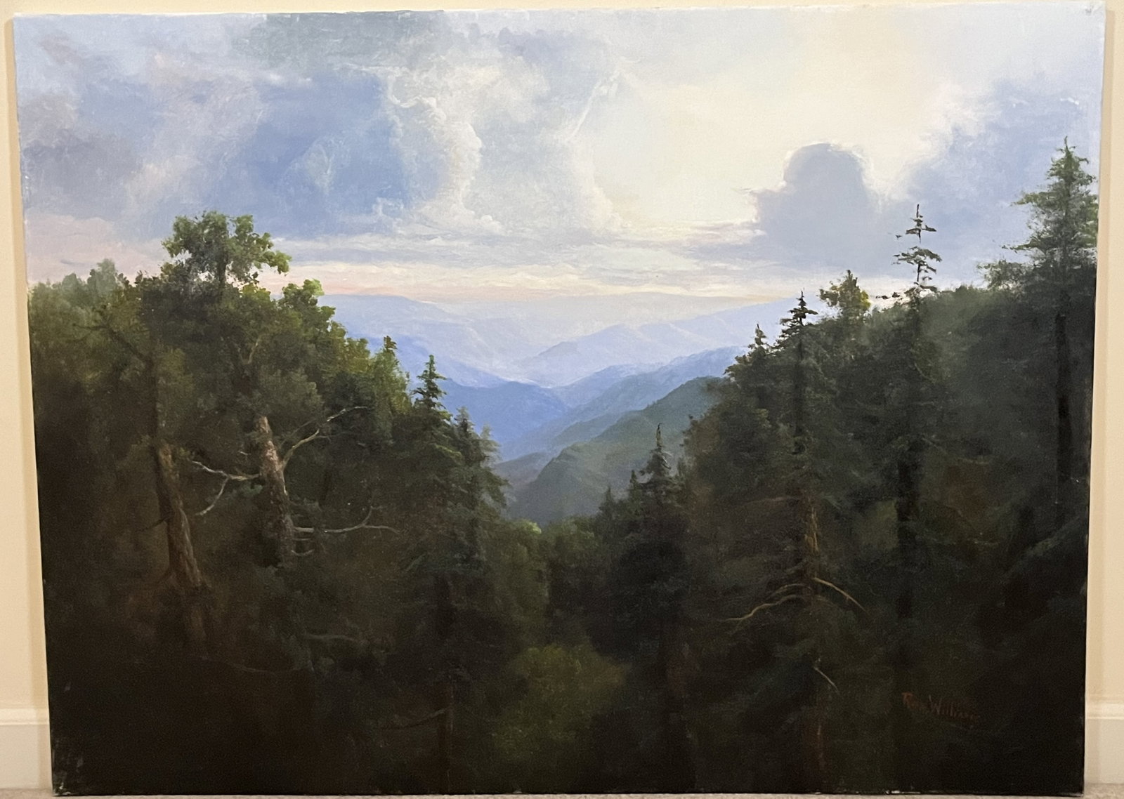 Original Ron Williams Oil on Canvas, Stretched, Summer Mountainscape from Hillside at Sunrise: Original Ron Williams Oil on Canvas, Stretched, Summer Mountainscape from Hillside at Sunrise, 40" x 30"