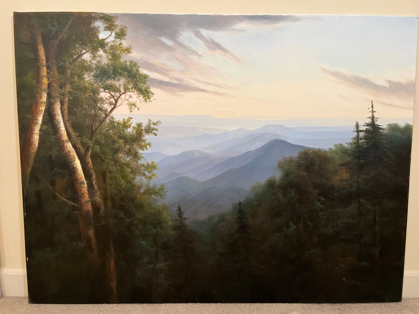 Original Ron Williams Oil on Canvas, Stretched, Summer Mountainscape from Hillside at Sunrise: Original Ron Williams Oil on Canvas, Stretched, Summer Mountainscape from Hillside at Sunrise, 40" x 30"