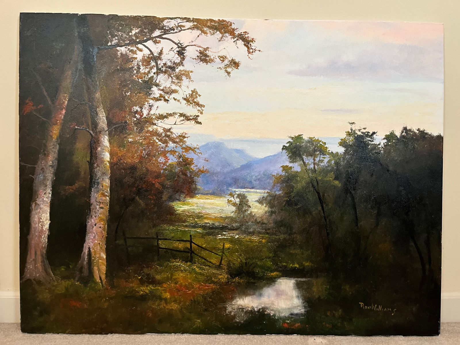 Original Ron Williams Oil on Canvas, Stretched, Fall Tree Line Still River with Fenced Pasture & (1 of 2)