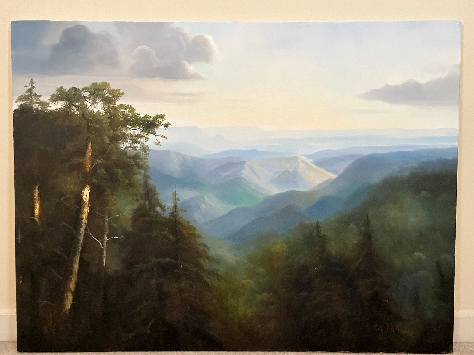 Original Ron Williams Oil on Canvas, Stretched, Frost Topped Mountainscape from Hillside: Original Ron Williams Oil on Canvas, Stretched, Frost Topped Mountainscape from Hillside, 40" x 30"