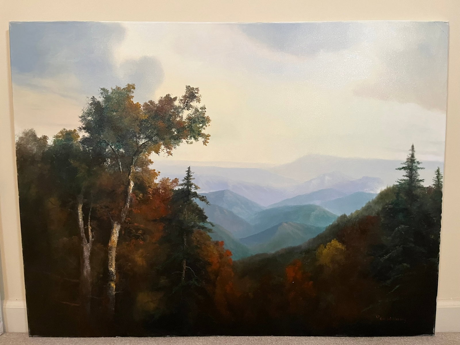 Original Ron Williams Oil on Canvas, Stretched, Fall Mountainscape from Hillside: Original Ron Williams Oil on Canvas, Stretched, Fall Mountainscape from Hillside, 40" x 30"