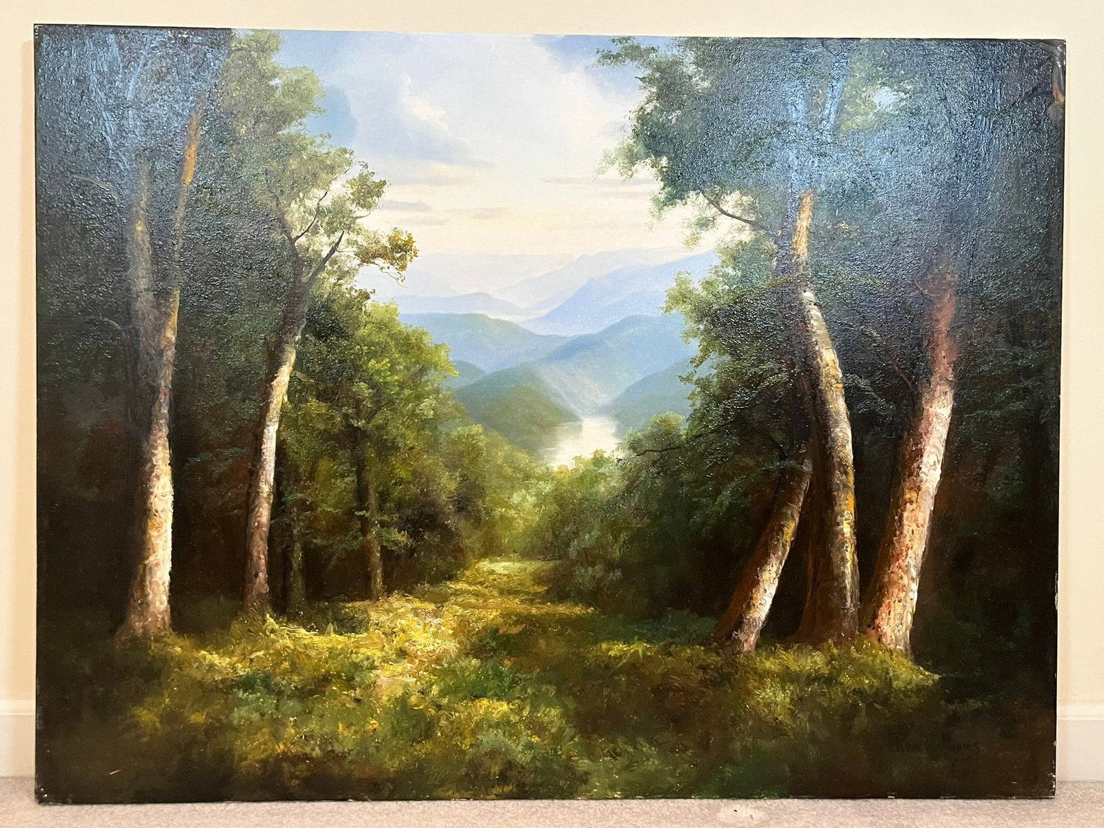 Original Ron Williams Oil on Canvas, Stretched, Summer Lake Surrounded by Mountainscape with: Original Ron Williams Oil on Canvas, Stretched, Summer Lake Surrounded by Mountainscape with Forested Field in Foreground, 40" x 30"