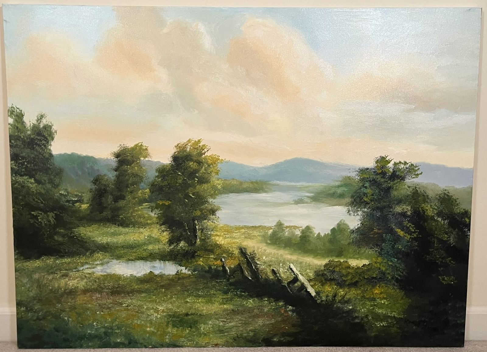 Original Ron Williams Oil on Canvas, Stretched, Summer Valley Fenced Pasture with Lake & Pond (1 of 1)