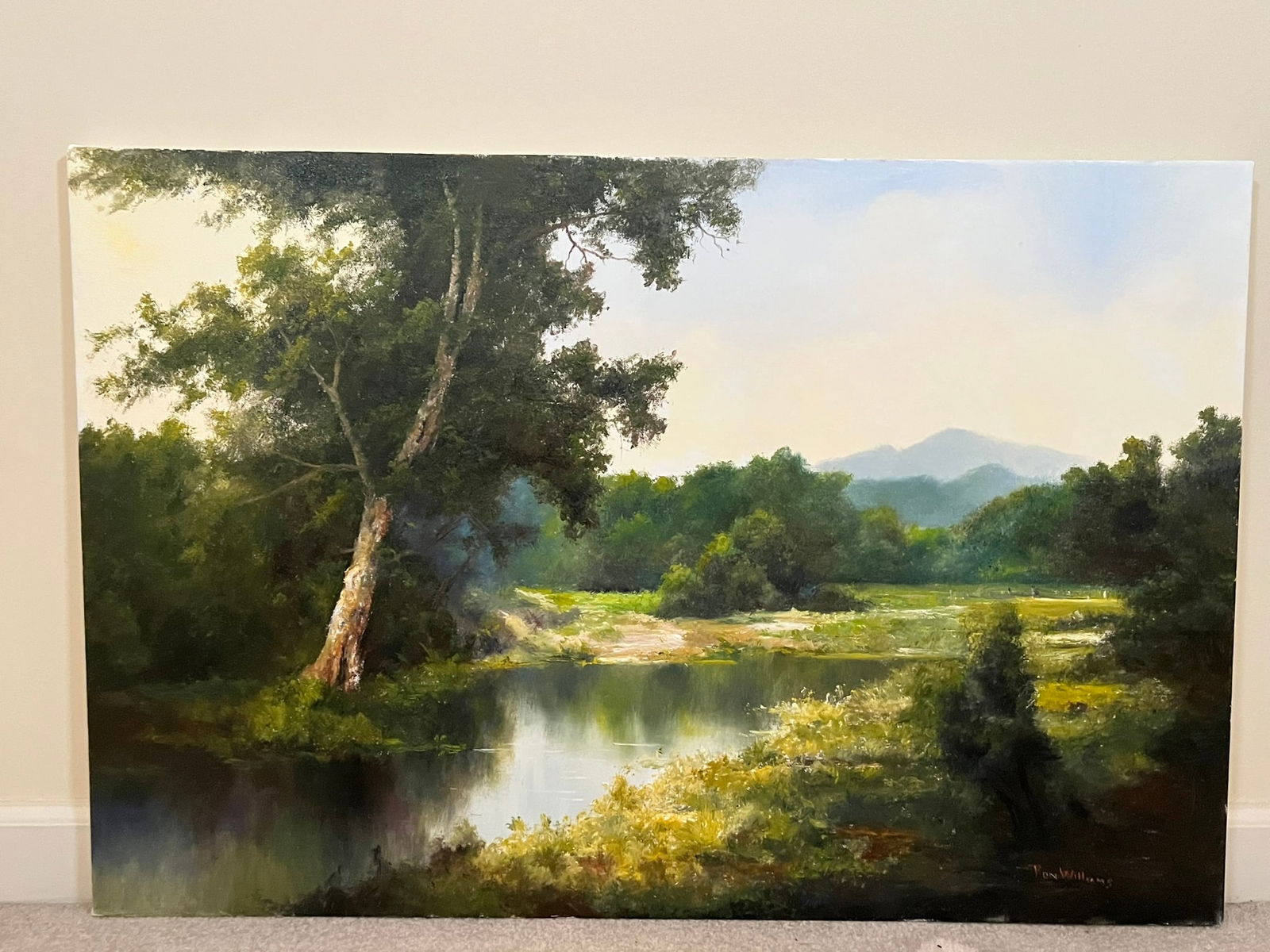 Original Ron Williams Oil on Canvas, Stretched, Summer Reflections from Forested Field Pond (1 of 2)