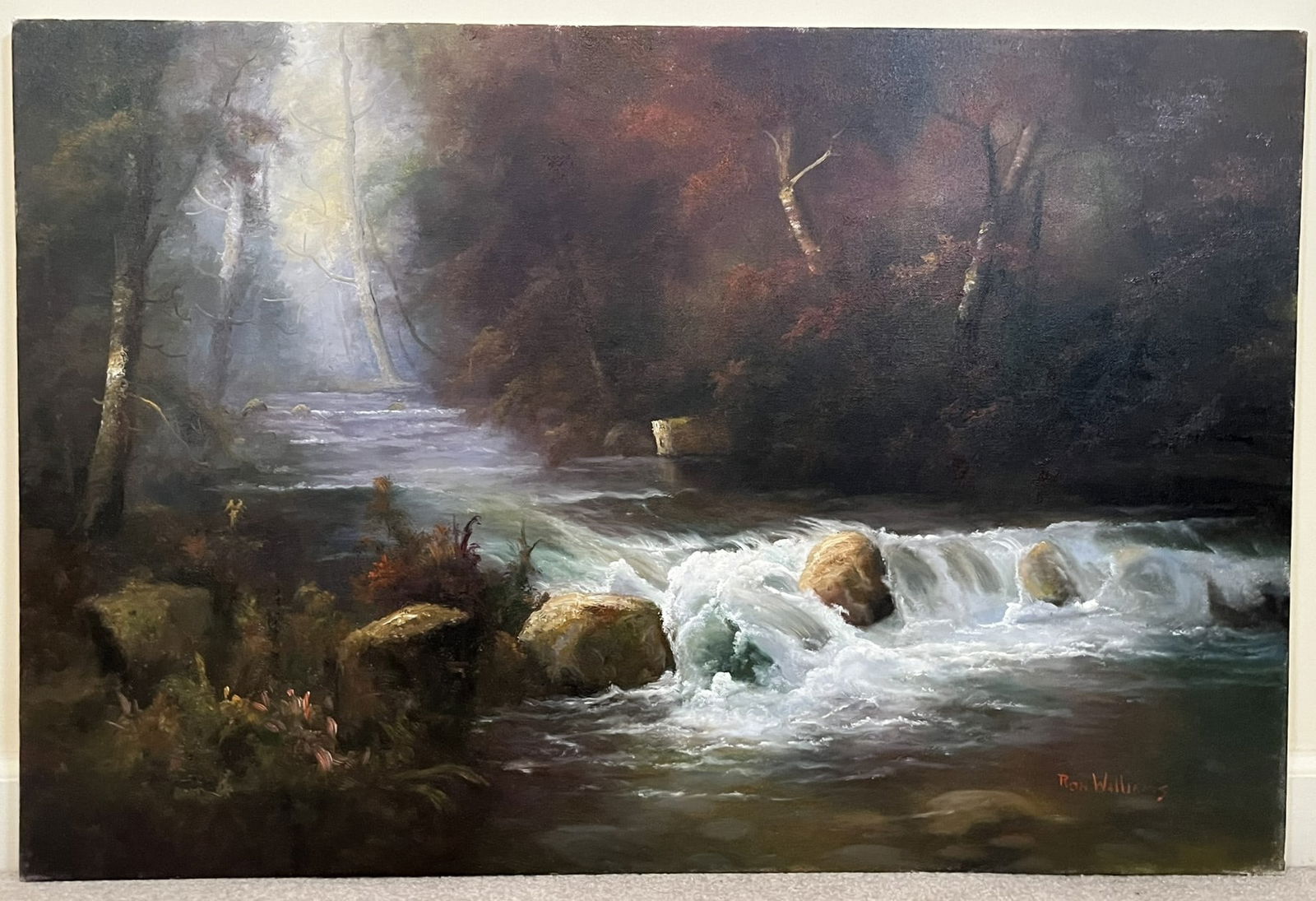 Original Ron Williams Oil on Canvas, Stretched, Fall Forested Rolling River over Rocks (1 of 2)