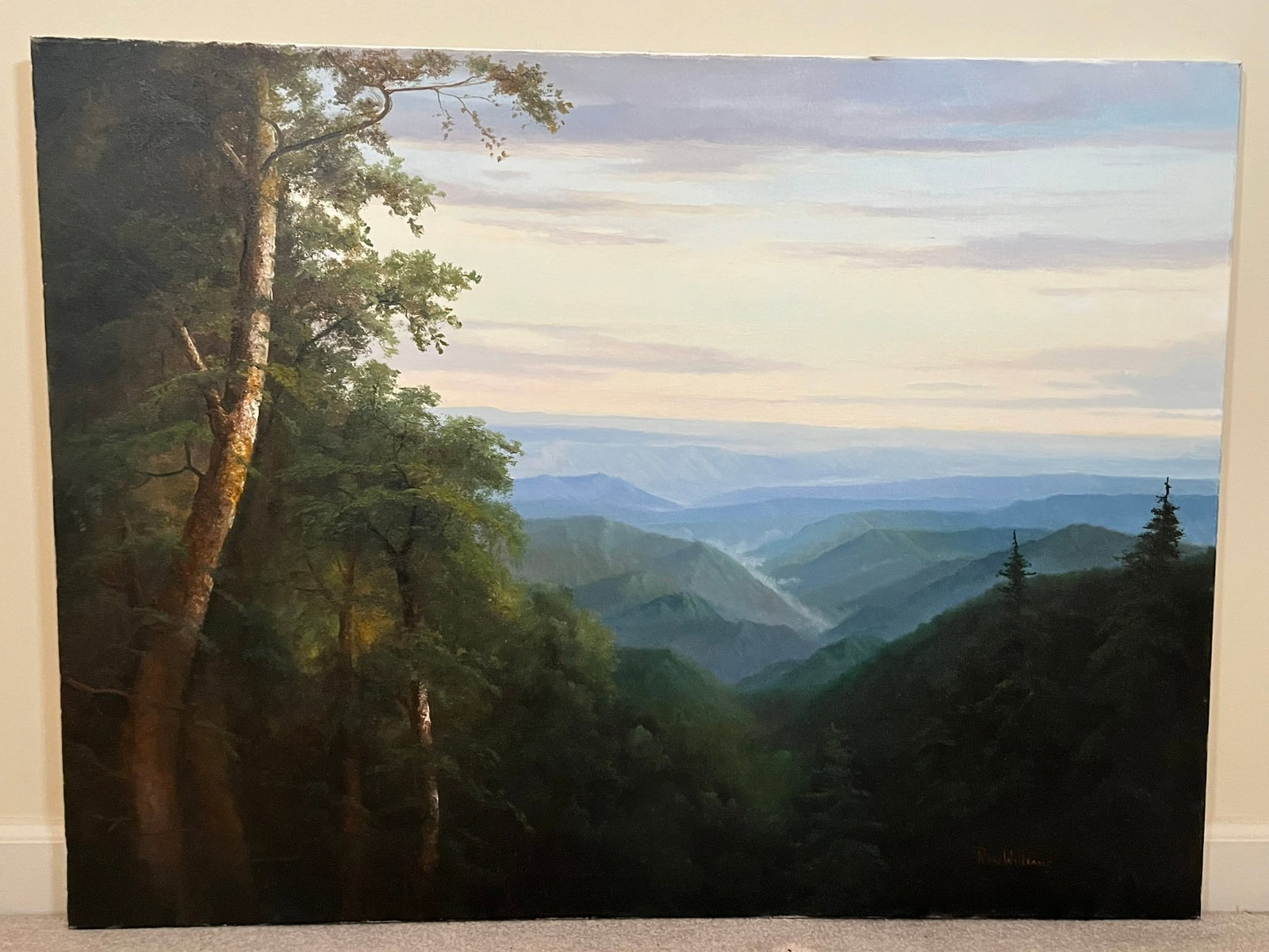 Original Ron Williams Oil on Canvas, Stretched, Summer Misty Mountainscape at Dawn from Hillside: Original Ron Williams Oil on Canvas, Stretched, Summer Misty Mountainscape at Dawn from Hillside, 40" x 30"