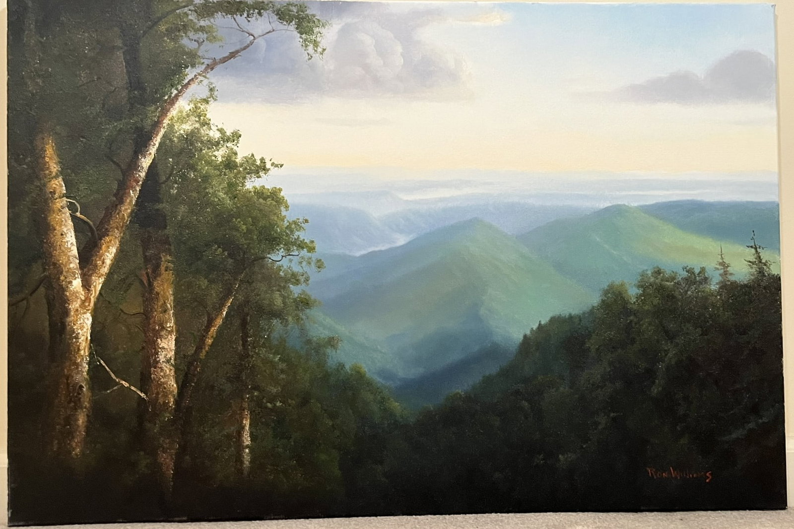 Original Ron Williams Oil on Canvas, Stretched, Summer Mountainscape from Hillside: Original Ron Williams Oil on Canvas, Stretched, Summer Mountainscape from Hillside, 36" x 24"