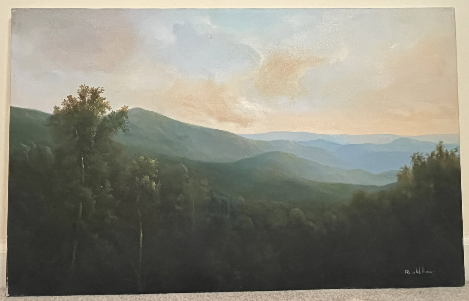 Original Ron Williams Oil on Canvas, Stretched, Summer Mountainscape from Hillside at Sunrise: Original Ron Williams Oil on Canvas, Stretched, Summer Mountainscape from Hillside at Sunrise, 32" x 20"
