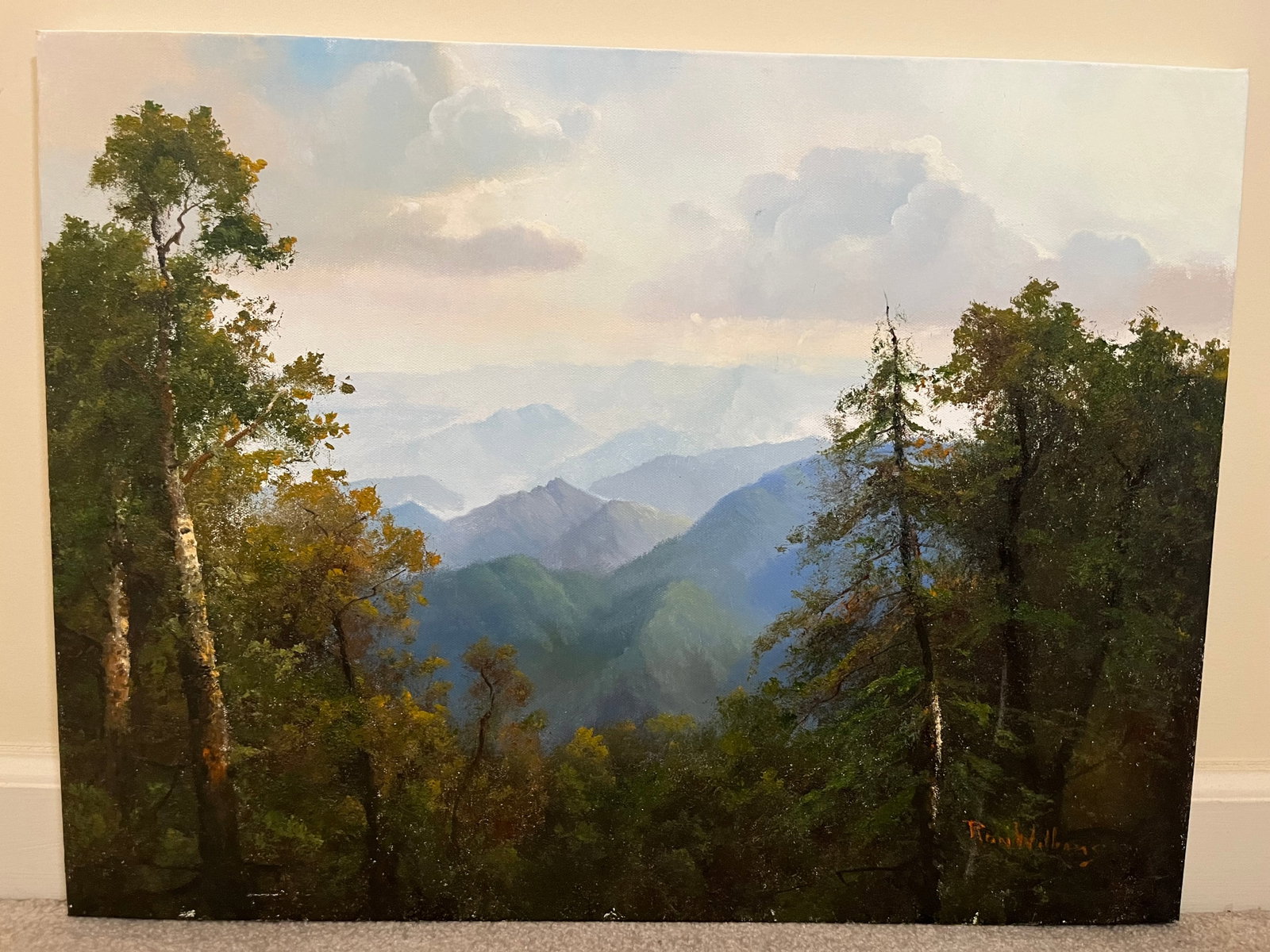 Original Ron Williams Oil on Canvas, Stretched, Summer Mountainscape from Hillside: Original Ron Williams Oil on Canvas, Stretched, Summer Mountainscape from Hillside, 24" x 18"