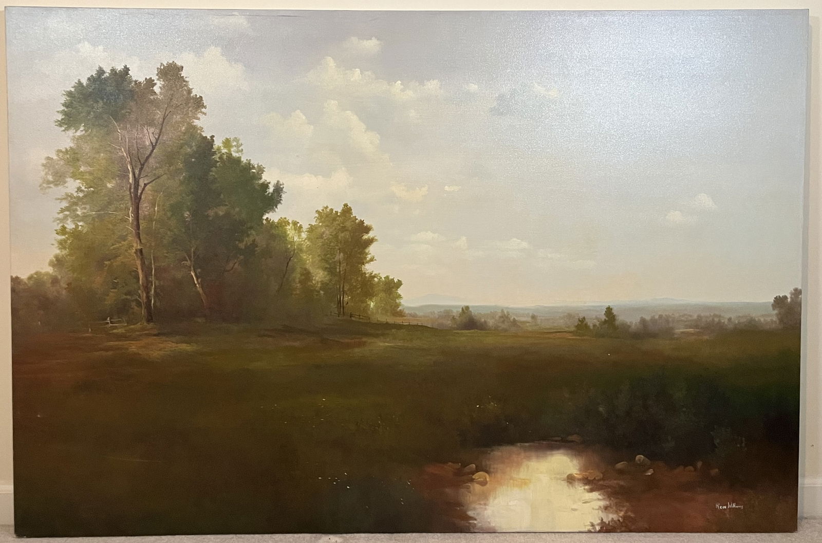 Original Ron Williams Oil on Canvas, Stretched, Early Fall Pond & Path besides Woods with Pasture (1 of 2)