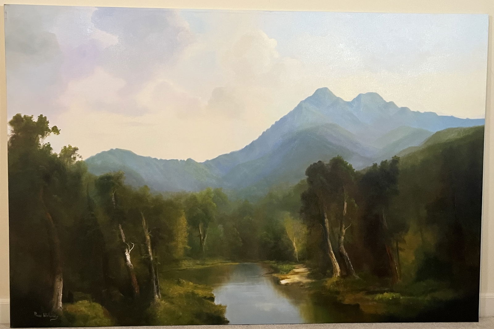 Original Ron Williams Oil on Canvas, Stretched, Summer Valley Still River with Mountainscape (1 of 1)