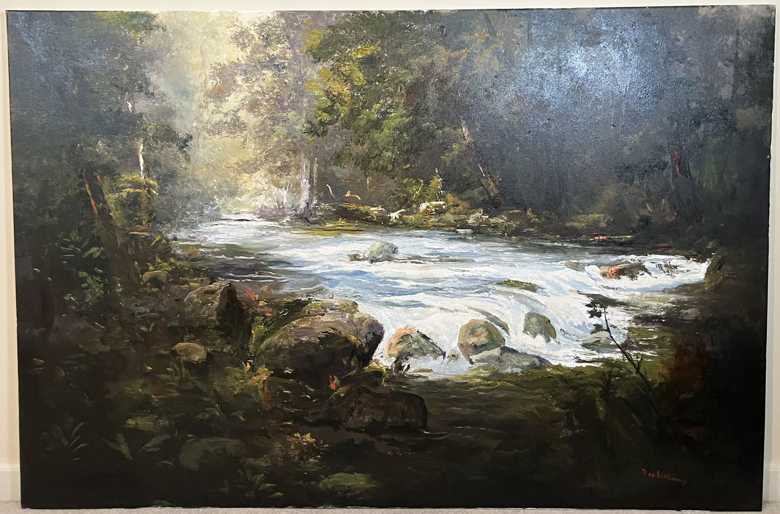 Original Ron Williams Oil on Canvas, Stretched, Summer Rolling Forested Rocky River (1 of 2)