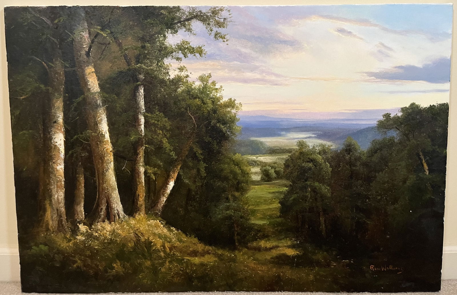 Original Ron Williams Oil on Canvas, Stretched, Summer Forest Path with Mountains & Lake in Distance (1 of 2)