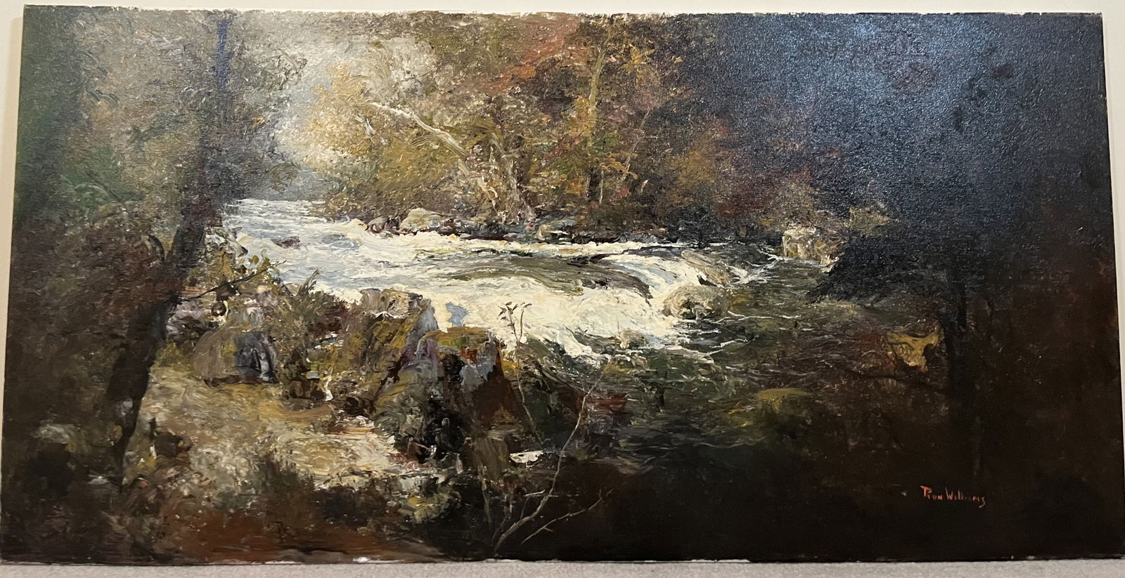Original Ron Williams Oil on Canvas, Stretched, Impressionist Style Fall Forested Rolling Stream (1 of 2)