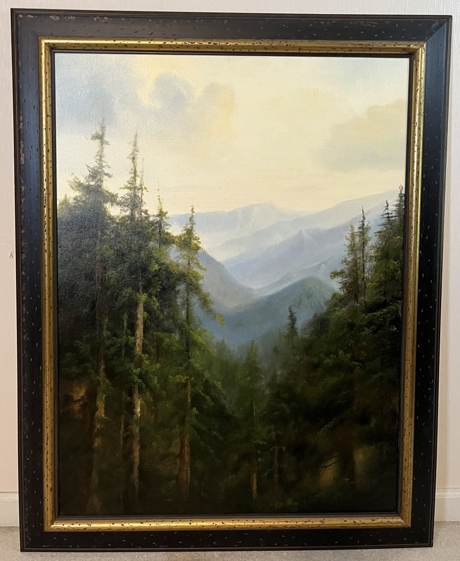 Framed Original Ron Williams Oil on Canvas, Summer Mountainscape from Hillside (1 of 2)