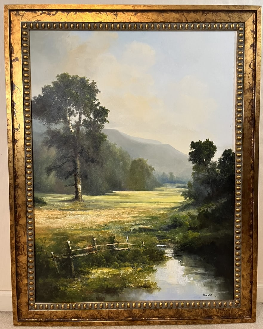 Framed Original Ron Williams Oil on Canvas, Summer Reflections on Fenced Field Pond with Mountains (1 of 2)