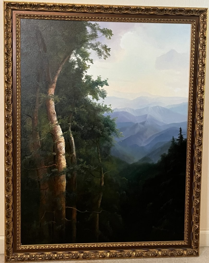 Framed Original Ron Williams Oil on Canvas, Summer Mountainscape from Hillside: Framed Original Ron Williams Oil on Canvas, Summer Mountainscape from Hillside, 35" x 45"