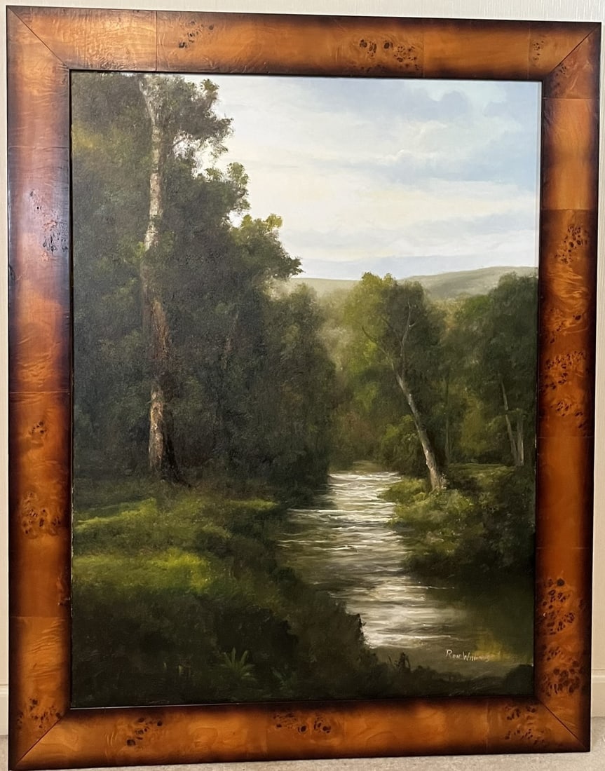 Framed Original Ron Williams Oil on Canvas, Summer Forested Rolling River: Framed Original Ron Williams Oil on Canvas, Summer Forested Rolling River, 37" x 47"
